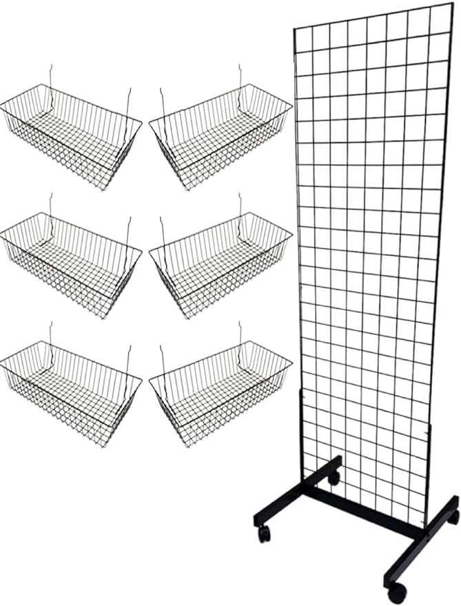 Only Hangers Black 2' x 6' Heavy Duty Commercial Grade Portable Gridwall Art Display Panel (KIT with Baskets)