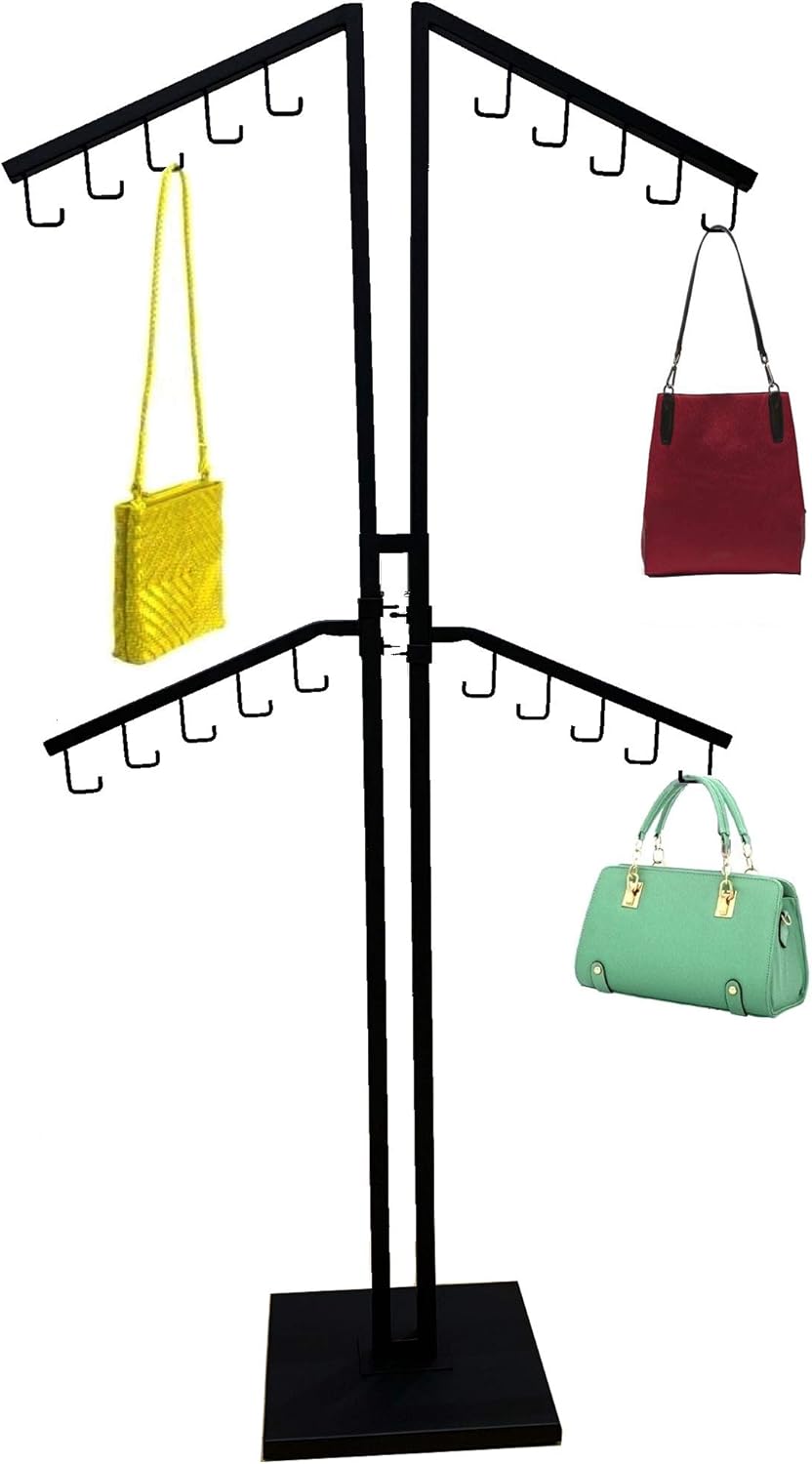 Four Arm Black Handbag Rack with Adjustable Height J-Hook Arms